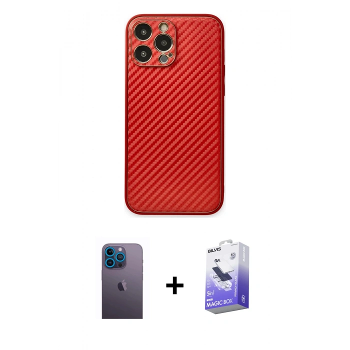 MARSİLYAN™- iPhone 13 Pro Max Kılıf Ahenk Işık - Siyah Bilvis 5in1 5D Magic Hayalet Cam Ekran Koruyucu + Neon Fosforlu Kamera Lens - MI