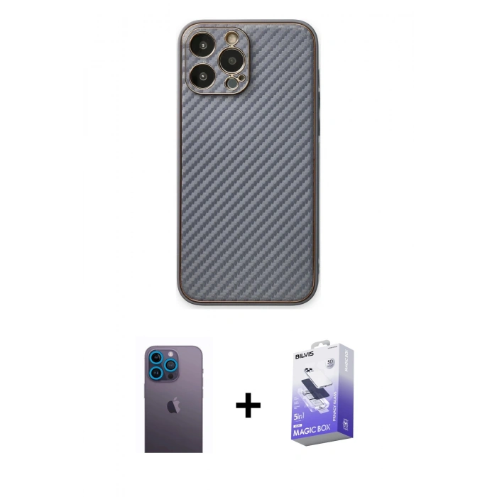 MARSİLYAN™- iPhone 13 Pro Max Kılıf Ahenk Işık - Siyah Bilvis 5in1 5D Magic Hayalet Cam Ekran Koruyucu + Neon Fosforlu Kamera Lens - MI