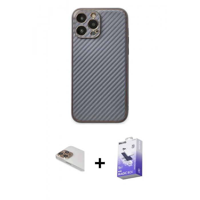 MARSİLYAN™- iPhone 13 Pro Max Kılıf Ahenk Işık - Siyah Bilvis 5in1 5D Magic Hayalet Cam Ekran Koruyucu + Pers Alüminyum Kamera Lens - GD