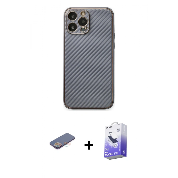 MARSİLYAN™- iPhone 13 Pro Max Kılıf Ahenk Işık - Siyah Bilvis 5in1 5D Magic Hayalet Cam Ekran Koruyucu + Renkli Kamera Lens Koruma Cam - PE