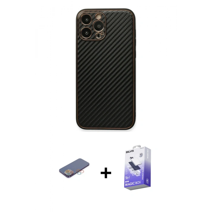 MARSİLYAN™- iPhone 13 Pro Max Kılıf Ahenk Işık - Siyah Bilvis 5in1 5D Magic Hayalet Cam Ekran Koruyucu + Renkli Kamera Lens Koruma Cam - PE