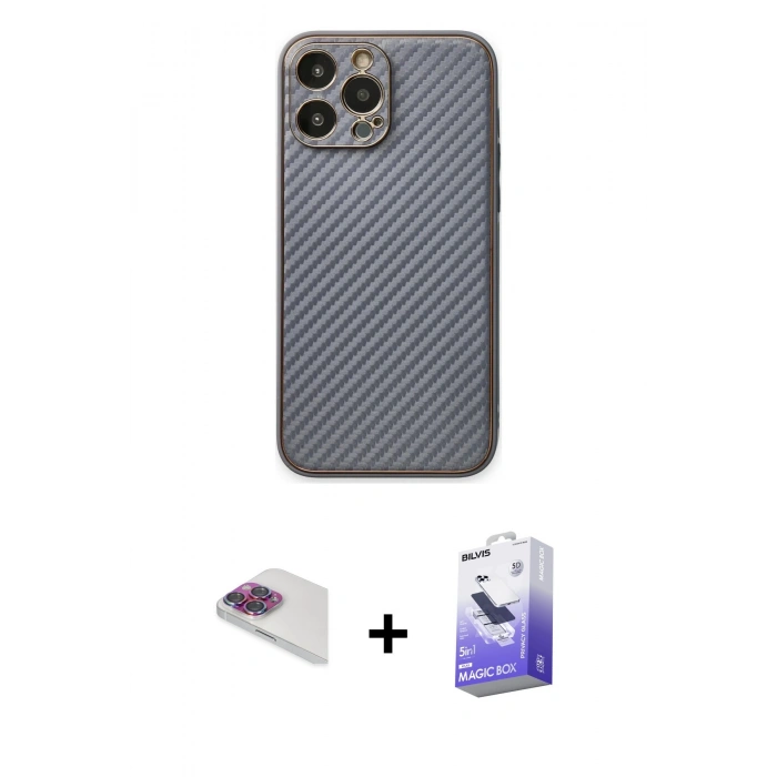 MARSİLYAN™- iPhone 13 Pro Max Kılıf Ahenk Işık - Siyah Bilvis 5in1 5D Magic Hayalet Cam Ekran Koruyucu + Pers Alüminyum Kamera Lens - GI