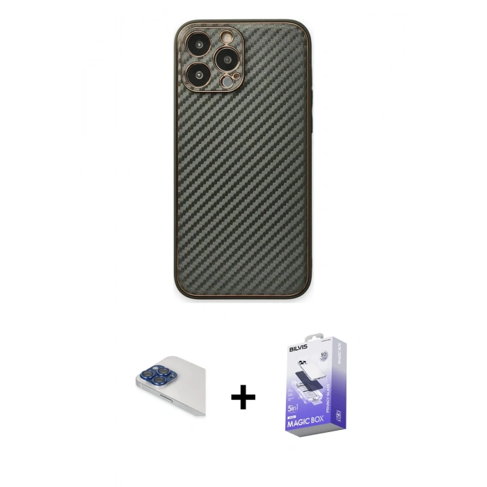 MARSİLYAN™- iPhone 13 Pro Max Kılıf Ahenk Işık - Siyah Bilvis 5in1 5D Magic Hayalet Cam Ekran Koruyucu + Pers Alüminyum Kamera Lens - LT