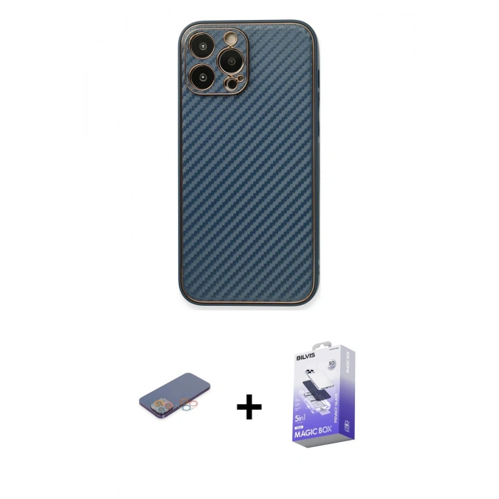 MARSİLYAN™- iPhone 13 Pro Max Kılıf Ahenk Işık - Siyah Bilvis 5in1 5D Magic Hayalet Cam Ekran Koruyucu + Renkli Kamera Lens Koruma Cam - PE