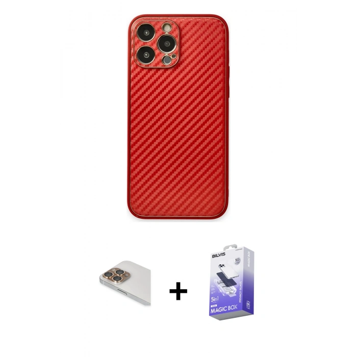 MARSİLYAN™- iPhone 13 Pro Max Kılıf Ahenk Işık - Siyah Bilvis 5in1 5D Magic Hayalet Cam Ekran Koruyucu + Pers Alüminyum Kamera Lens - GD