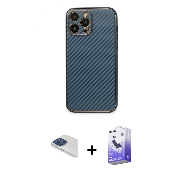 MARSİLYAN™- iPhone 13 Pro Max Kılıf Ahenk Işık - Siyah Bilvis 5in1 5D Magic Hayalet Cam Ekran Koruyucu + Pers Alüminyum Kamera Lens - LT