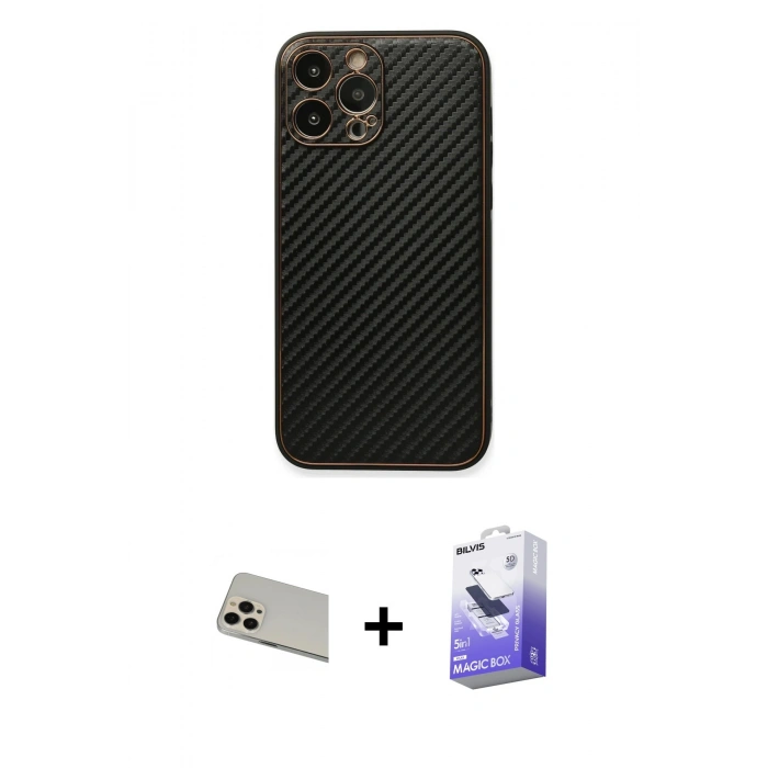 MARSİLYAN™- iPhone 13 Pro Max Kılıf Ahenk Işık - Siyah Bilvis 5in1 5D Magic Hayalet Cam Ekran Koruyucu + Rose Gold Rainbow Kamera Lens Koruma Cam