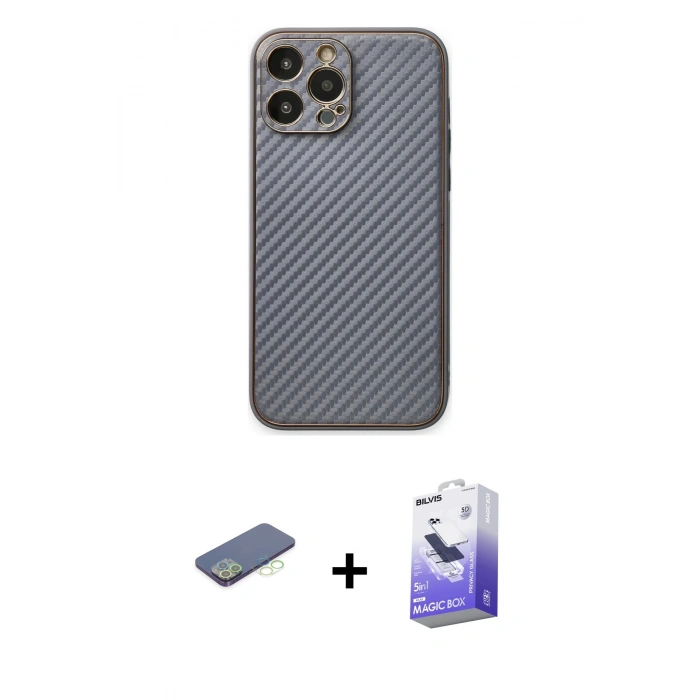 MARSİLYAN™- iPhone 13 Pro Max Kılıf Ahenk Işık - Siyah Bilvis 5in1 5D Magic Hayalet Cam Ekran Koruyucu + Renkli Kamera Lens Koruma Cam - YL