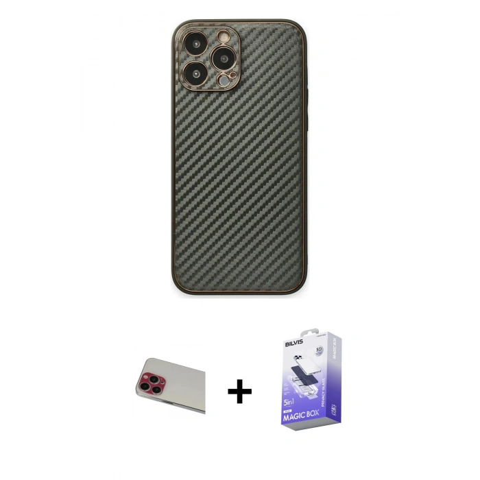 MARSİLYAN™- iPhone 13 Pro Max Kılıf Ahenk Işık - Siyah Bilvis 5in1 5D Magic Hayalet Cam Ekran Koruyucu + Rainbow Kamera Lens Koruma Cam - KI