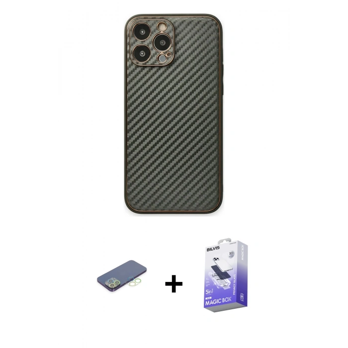 MARSİLYAN™- iPhone 13 Pro Max Kılıf Ahenk Işık - Siyah Bilvis 5in1 5D Magic Hayalet Cam Ekran Koruyucu + Renkli Kamera Lens Koruma Cam - YL