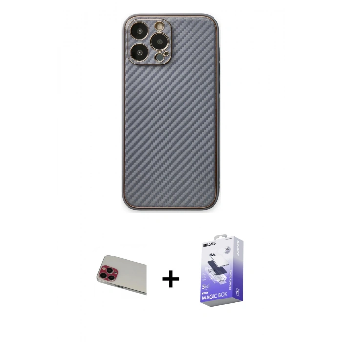MARSİLYAN™- iPhone 13 Pro Max Kılıf Ahenk Işık - Siyah Bilvis 5in1 5D Magic Hayalet Cam Ekran Koruyucu + Rainbow Kamera Lens Koruma Cam - KI