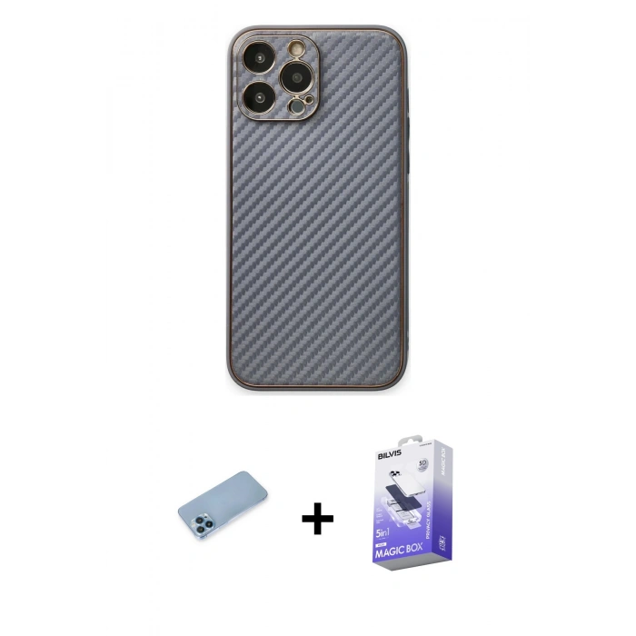 MARSİLYAN™- iPhone 13 Pro Max Kılıf Ahenk Işık - Siyah Bilvis 5in1 5D Magic Hayalet Cam Ekran Koruyucu + Shine Kamera Lens Koruma Cam - MI