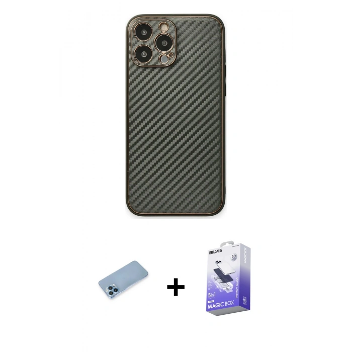 MARSİLYAN™- iPhone 13 Pro Max Kılıf Ahenk Işık - Siyah Bilvis 5in1 5D Magic Hayalet Cam Ekran Koruyucu + Shine Kamera Lens Koruma Cam - MI