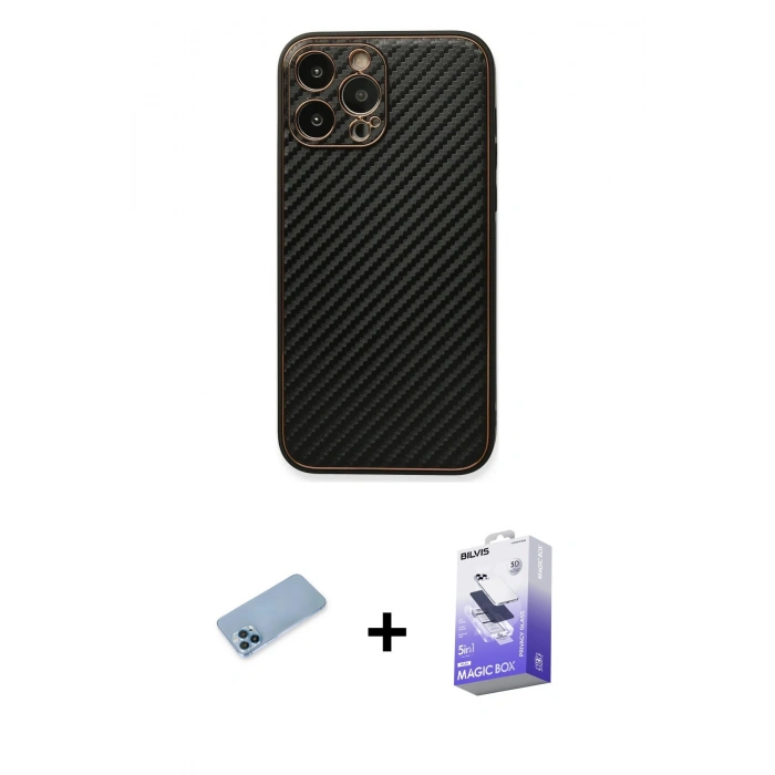 MARSİLYAN™- iPhone 13 Pro Max Kılıf Ahenk Işık - Siyah Bilvis 5in1 5D Magic Hayalet Cam Ekran Koruyucu + Shine Kamera Lens Koruma Cam - MI
