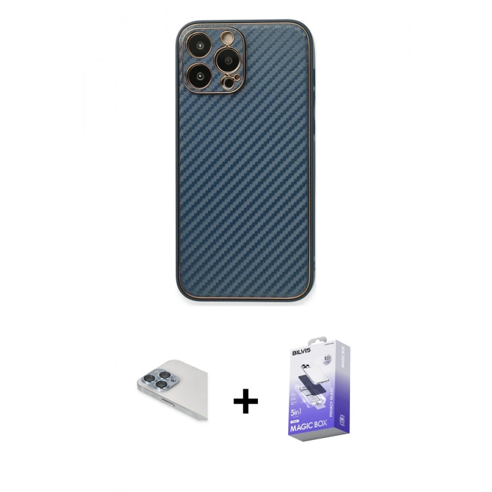 MARSİLYAN™- iPhone 13 Pro Max Kılıf Ahenk Işık - Siyah Bilvis 5in1 5D Magic Hayalet Cam Ekran Koruyucu + Sierra Blue Pers Alüminyum Kamera Lens