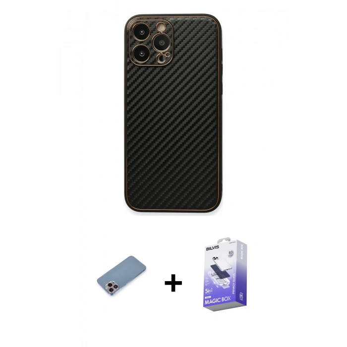 MARSİLYAN™- iPhone 13 Pro Max Kılıf Ahenk Işık - Siyah Bilvis 5in1 5D Magic Hayalet Cam Ekran Koruyucu + Shine Kamera Lens Koruma Cam - PE