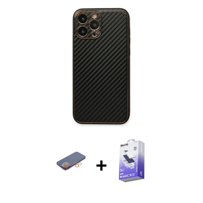 MARSİLYAN™- iPhone 13 Pro Max Kılıf Ahenk Işık - Siyah Bilvis 5in1 5D Magic Hayalet Cam Ekran Koruyucu + Turuncu Renkli Kamera Lens Koruma Cam
