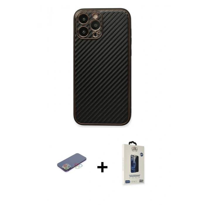 MARSİLYAN™- iPhone 13 Pro Max Kılıf Ahenk Işık - Siyah Bilvis Hayalet Cam Ekran Koruyucu + Renkli Kamera Lens Koruma Cam - MI