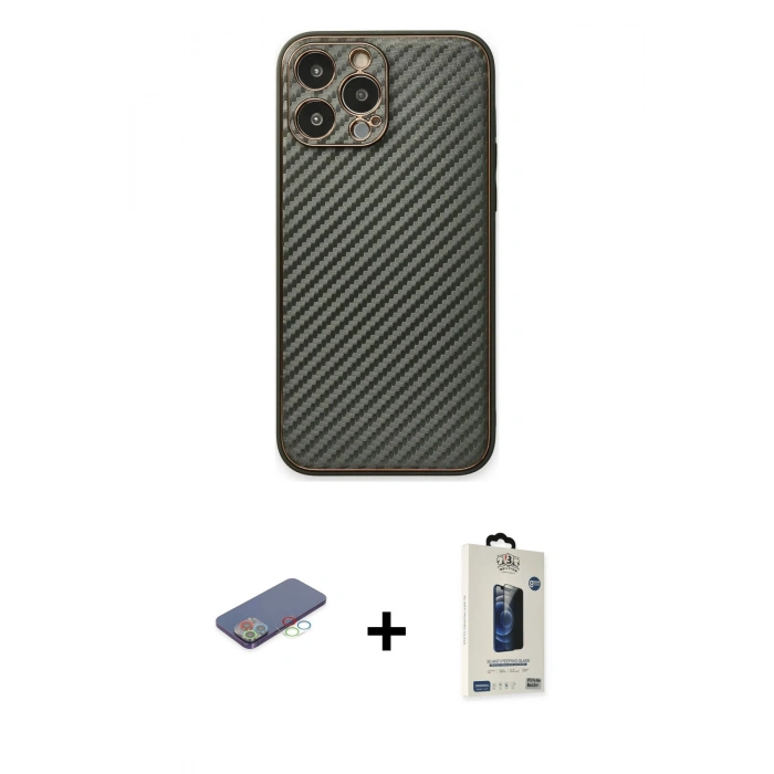 MARSİLYAN™- iPhone 13 Pro Max Kılıf Ahenk Işık - Siyah Bilvis Hayalet Cam Ekran Koruyucu + Renkli Kamera Lens Koruma Cam - MI