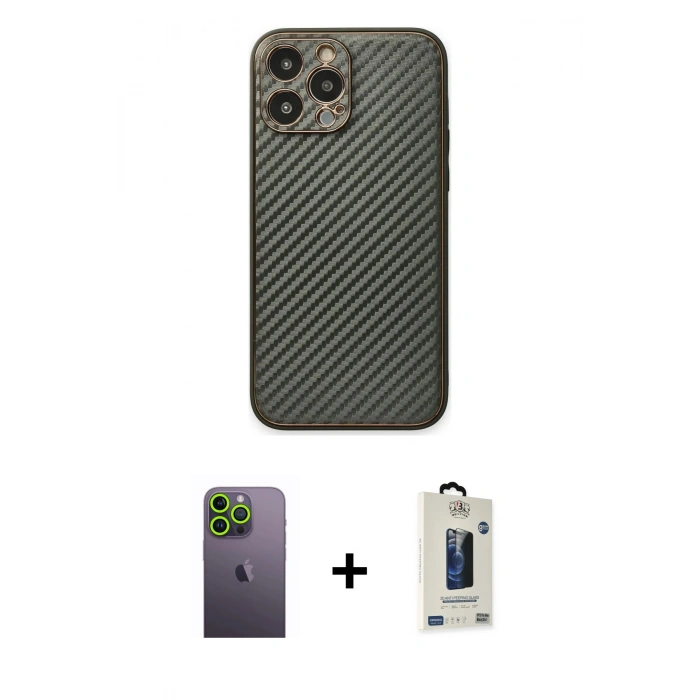 MARSİLYAN™- iPhone 13 Pro Max Kılıf Ahenk Işık - Siyah Bilvis Hayalet Cam Ekran Koruyucu + Neon Fosforlu Kamera Lens - YL