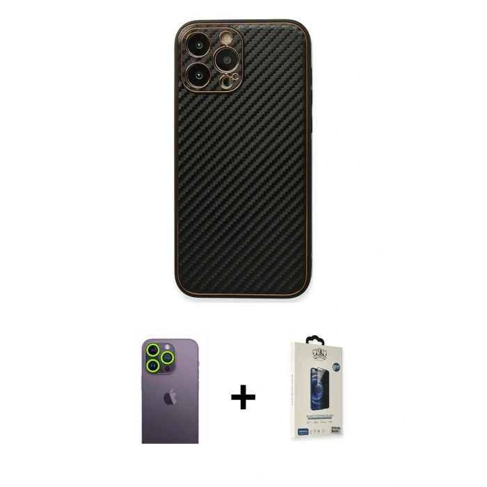 MARSİLYAN™- iPhone 13 Pro Max Kılıf Ahenk Işık - Siyah Bilvis Hayalet Cam Ekran Koruyucu + Neon Fosforlu Kamera Lens - YL