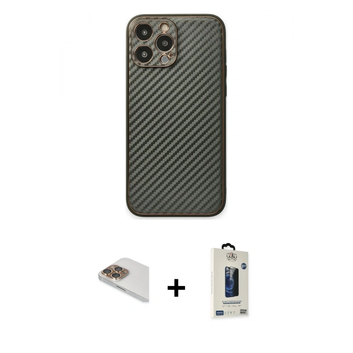MARSİLYAN™- iPhone 13 Pro Max Kılıf Ahenk Işık - Siyah Bilvis Hayalet Cam Ekran Koruyucu + Pers Alüminyum Kamera Lens - GD
