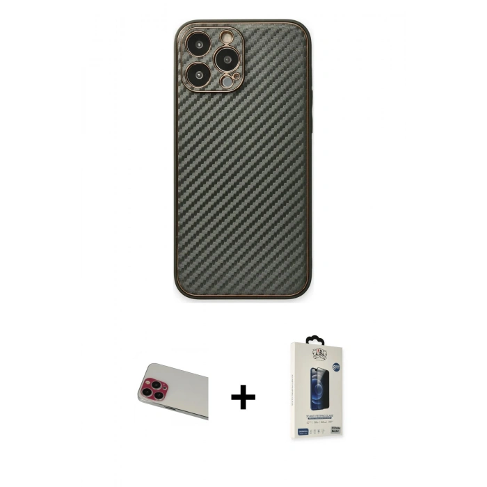 MARSİLYAN™- iPhone 13 Pro Max Kılıf Ahenk Işık - Siyah Bilvis Hayalet Cam Ekran Koruyucu + Rainbow Kamera Lens Koruma Cam - KI