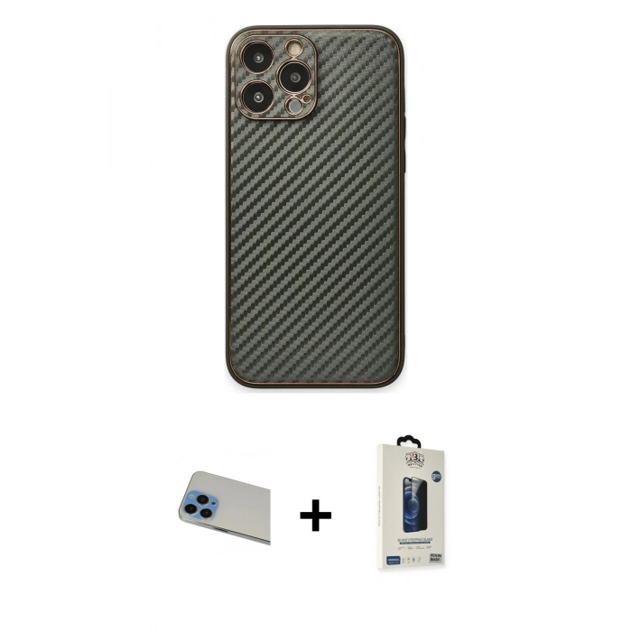 MARSİLYAN™- iPhone 13 Pro Max Kılıf Ahenk Işık - Siyah Bilvis Hayalet Cam Ekran Koruyucu + Rainbow Kamera Lens Koruma Cam - MI