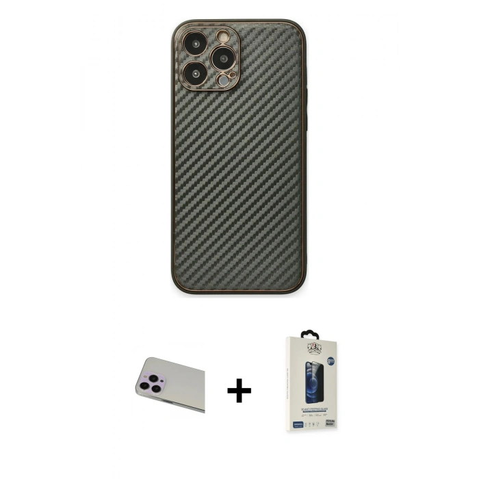 MARSİLYAN™- iPhone 13 Pro Max Kılıf Ahenk Işık - Siyah Bilvis Hayalet Cam Ekran Koruyucu + Rainbow Kamera Lens Koruma Cam - MR
