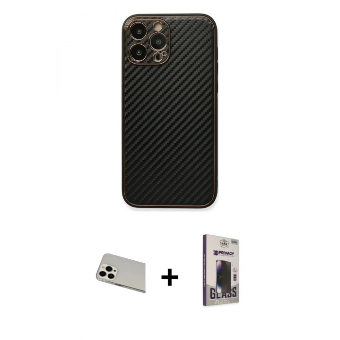 MARSİLYAN™- iPhone 13 Pro Max Kılıf Ahenk Işık - Siyah Bilvis Hayalet Cam Ekran Koruyucu + Rainbow Kamera Lens Koruma Cam - BZ