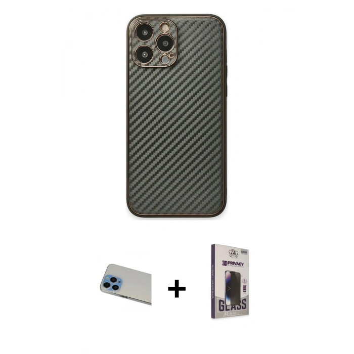 MARSİLYAN™- iPhone 13 Pro Max Kılıf Ahenk Işık - Siyah Bilvis Hayalet Cam Ekran Koruyucu + Rainbow Kamera Lens Koruma Cam - MI