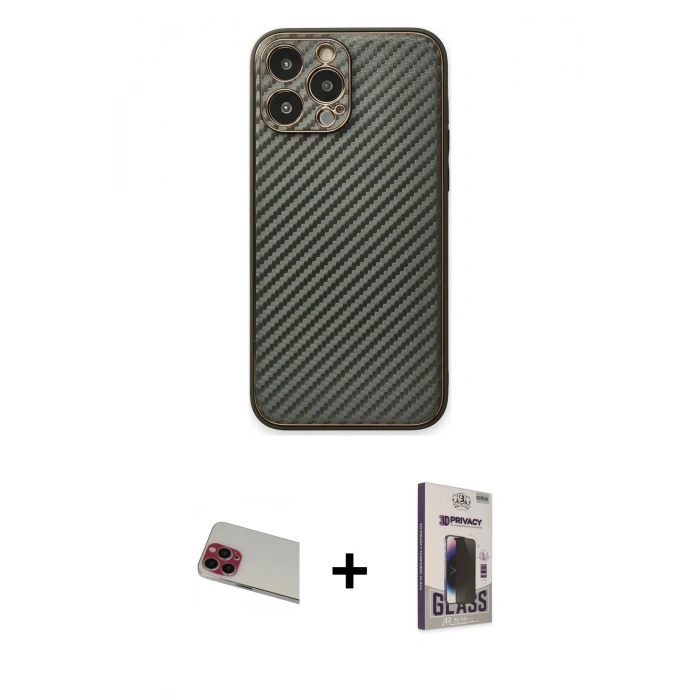 MARSİLYAN™- iPhone 13 Pro Max Kılıf Ahenk Işık - Siyah Bilvis Hayalet Cam Ekran Koruyucu + Rainbow Kamera Lens Koruma Cam - KI