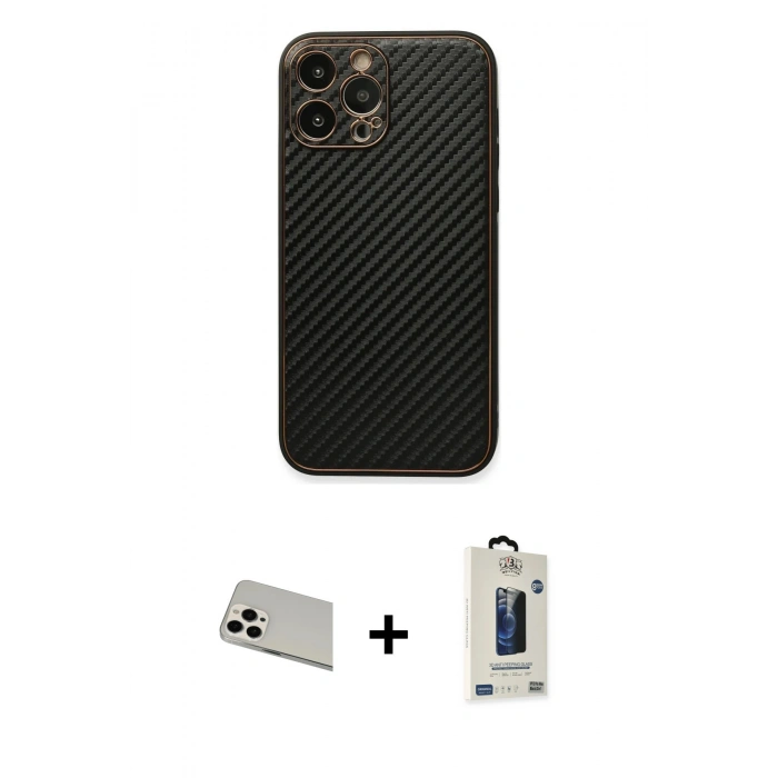 MARSİLYAN™- iPhone 13 Pro Max Kılıf Ahenk Işık - Siyah Bilvis Hayalet Cam Ekran Koruyucu + Rainbow Kamera Lens Koruma Cam - BZ