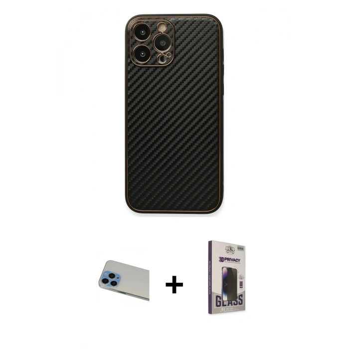 MARSİLYAN™- iPhone 13 Pro Max Kılıf Ahenk Işık - Siyah Bilvis Hayalet Cam Ekran Koruyucu + Rainbow Kamera Lens Koruma Cam - MI