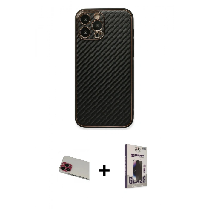MARSİLYAN™- iPhone 13 Pro Max Kılıf Ahenk Işık - Siyah Bilvis Hayalet Cam Ekran Koruyucu + Rainbow Kamera Lens Koruma Cam - KI