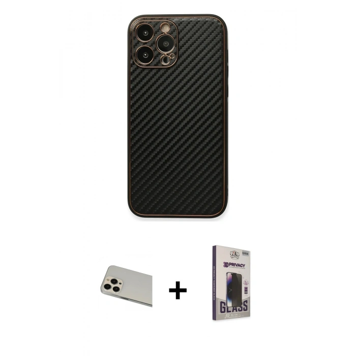MARSİLYAN™- iPhone 13 Pro Max Kılıf Ahenk Işık - Siyah Bilvis Hayalet Cam Ekran Koruyucu + Rainbow Kamera Lens Koruma Cam - REGD