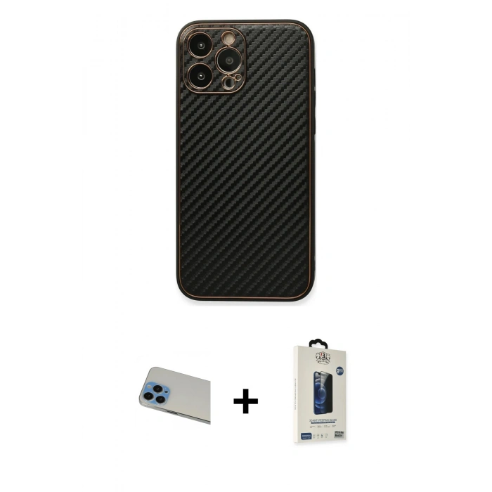 MARSİLYAN™- iPhone 13 Pro Max Kılıf Ahenk Işık - Siyah Bilvis Hayalet Cam Ekran Koruyucu + Rainbow Kamera Lens Koruma Cam - MI