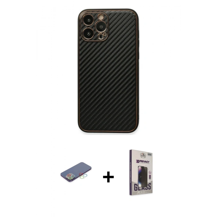 MARSİLYAN™- iPhone 13 Pro Max Kılıf Ahenk Işık - Siyah Bilvis Hayalet Cam Ekran Koruyucu + Renkli Kamera Lens Koruma Cam - MI