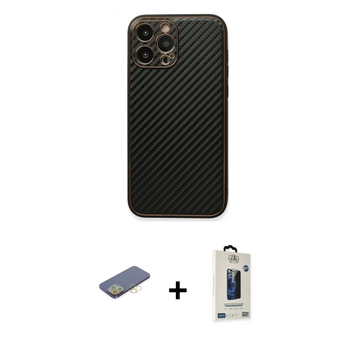 MARSİLYAN™- iPhone 13 Pro Max Kılıf Ahenk Işık - Siyah Bilvis Hayalet Cam Ekran Koruyucu + Renkli Kamera Lens Koruma Cam - SI