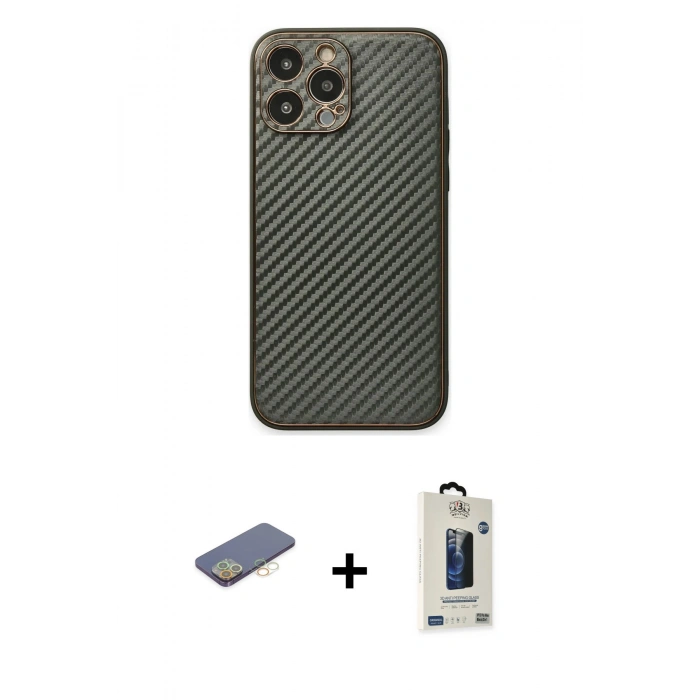 MARSİLYAN™- iPhone 13 Pro Max Kılıf Ahenk Işık - Siyah Bilvis Hayalet Cam Ekran Koruyucu + Renkli Kamera Lens Koruma Cam - SI
