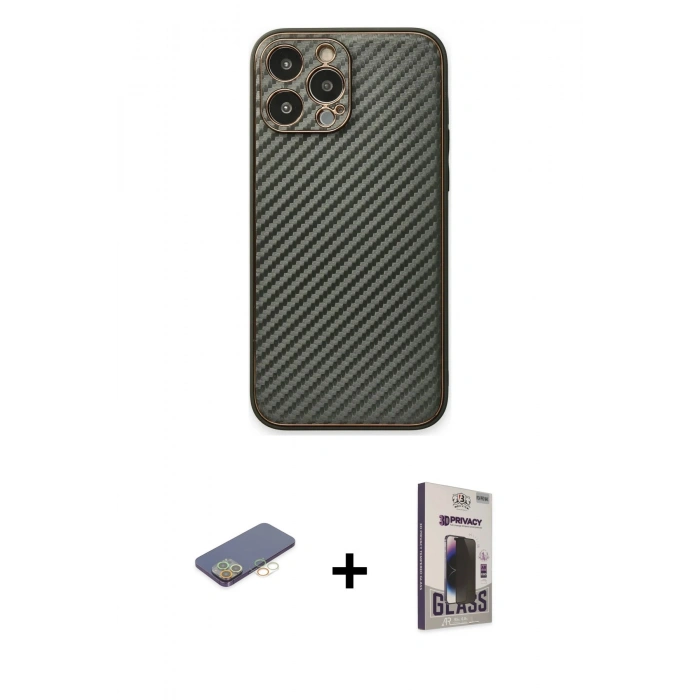 MARSİLYAN™- iPhone 13 Pro Max Kılıf Ahenk Işık - Siyah Bilvis Hayalet Cam Ekran Koruyucu + Renkli Kamera Lens Koruma Cam - SI