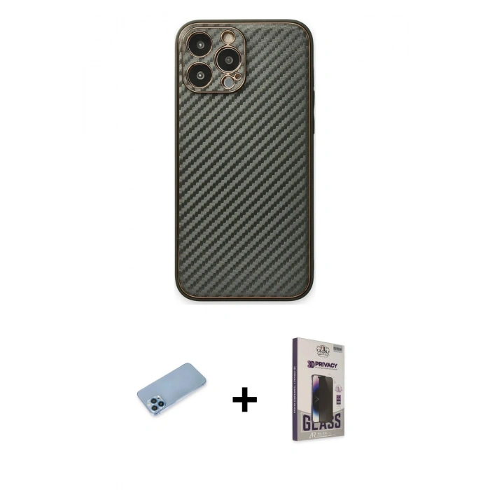 MARSİLYAN™- iPhone 13 Pro Max Kılıf Ahenk Işık - Siyah Bilvis Hayalet Cam Ekran Koruyucu + Shine Kamera Lens Koruma Cam - MI