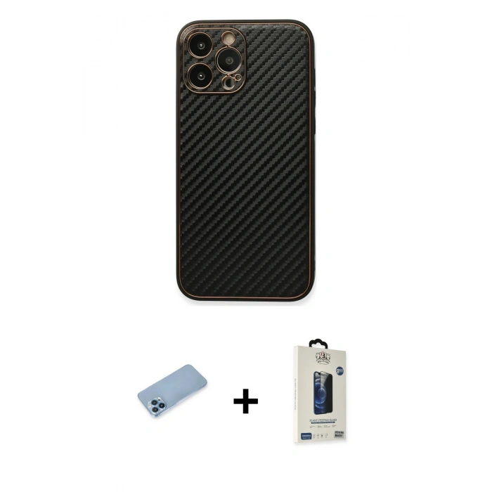 MARSİLYAN™- iPhone 13 Pro Max Kılıf Ahenk Işık - Siyah Bilvis Hayalet Cam Ekran Koruyucu + Shine Kamera Lens Koruma Cam - MI
