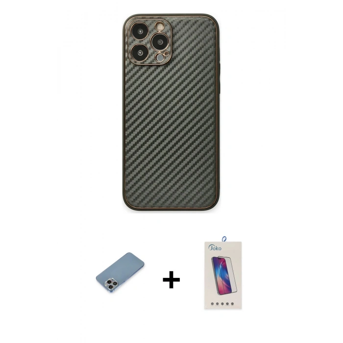 MARSİLYAN™- iPhone 13 Pro Max Kılıf Ahenk Işık - Siyah Joko 5D Cam + Shine Kamera Lens Koruma Cam - GI