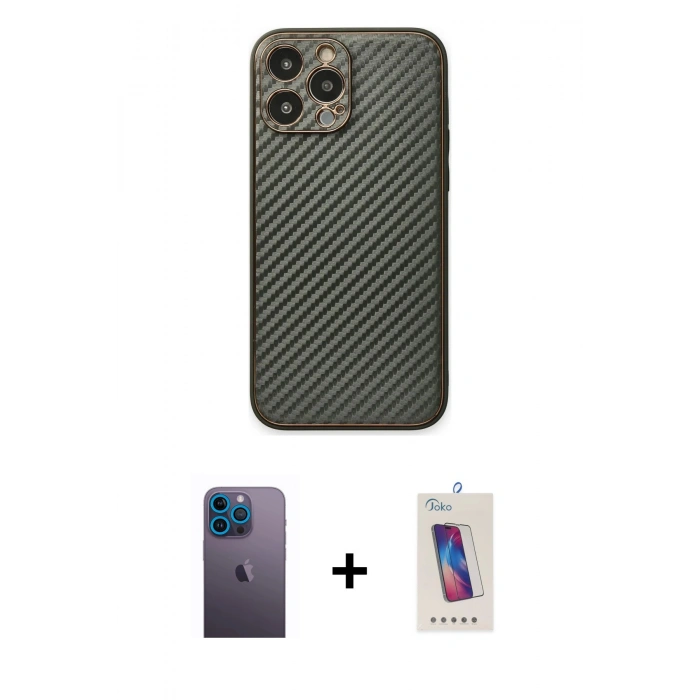 MARSİLYAN™- iPhone 13 Pro Max Kılıf Ahenk Işık - Siyah Joko 5D Cam + Mavi Neon Fosforlu Kamera Lens