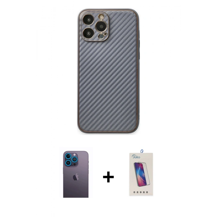 MARSİLYAN™- iPhone 13 Pro Max Kılıf Ahenk Işık - Siyah Joko 5D Cam + Mavi Neon Fosforlu Kamera Lens
