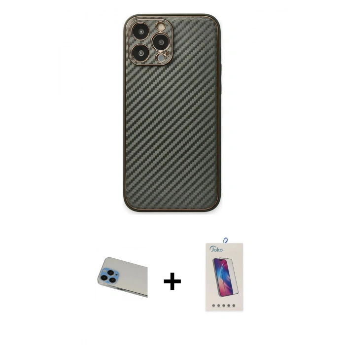 MARSİLYAN™- iPhone 13 Pro Max Kılıf Ahenk Işık - Siyah Joko 5D Cam + Mavi Rainbow Kamera Lens Koruma Cam
