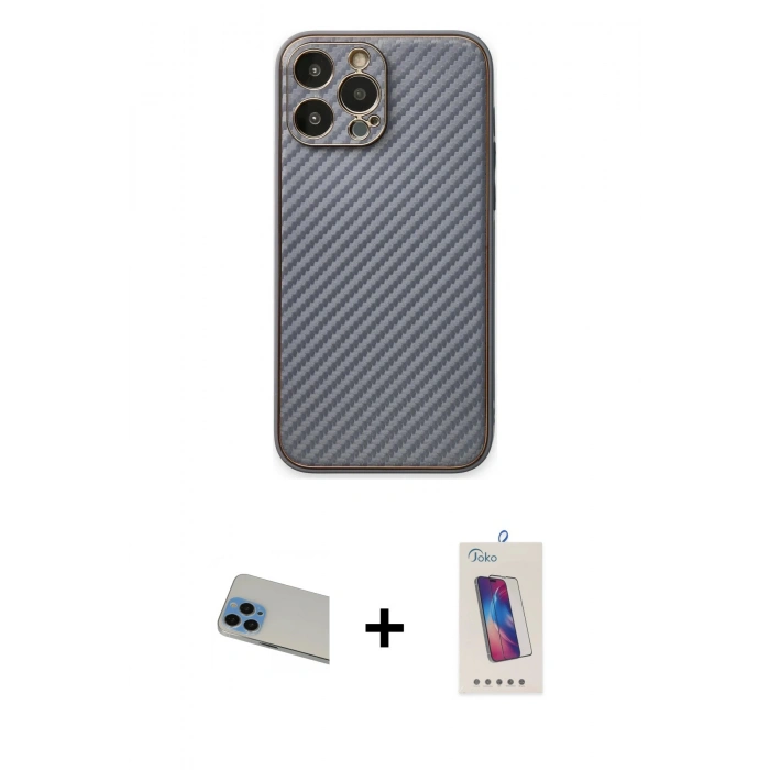 MARSİLYAN™- iPhone 13 Pro Max Kılıf Ahenk Işık - Siyah Joko 5D Cam + Mavi Rainbow Kamera Lens Koruma Cam