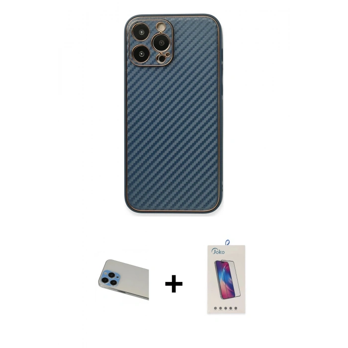 MARSİLYAN™- iPhone 13 Pro Max Kılıf Ahenk Işık - Siyah Joko 5D Cam + Mavi Rainbow Kamera Lens Koruma Cam