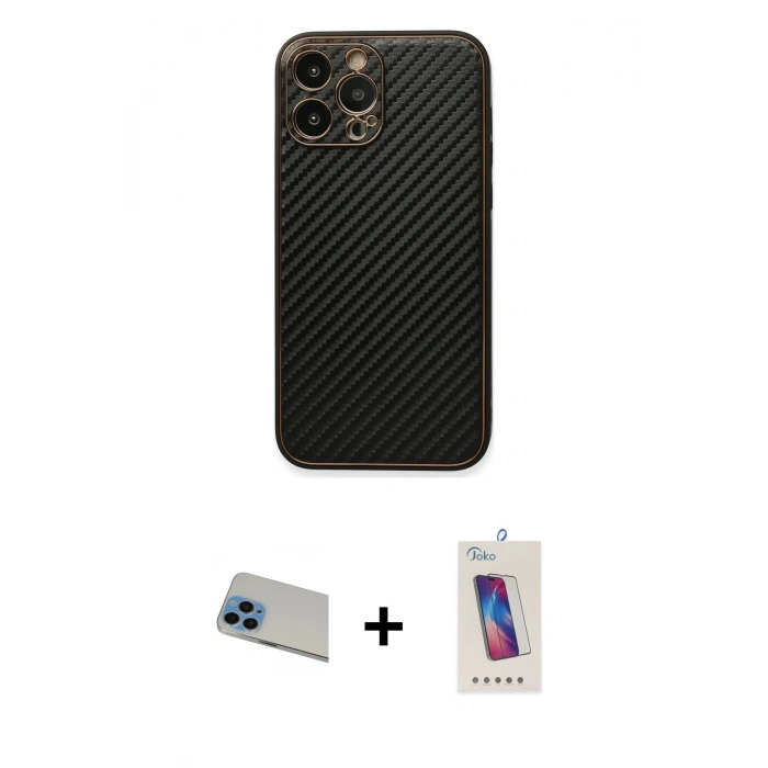 MARSİLYAN™- iPhone 13 Pro Max Kılıf Ahenk Işık - Siyah Joko 5D Cam + Mavi Rainbow Kamera Lens Koruma Cam
